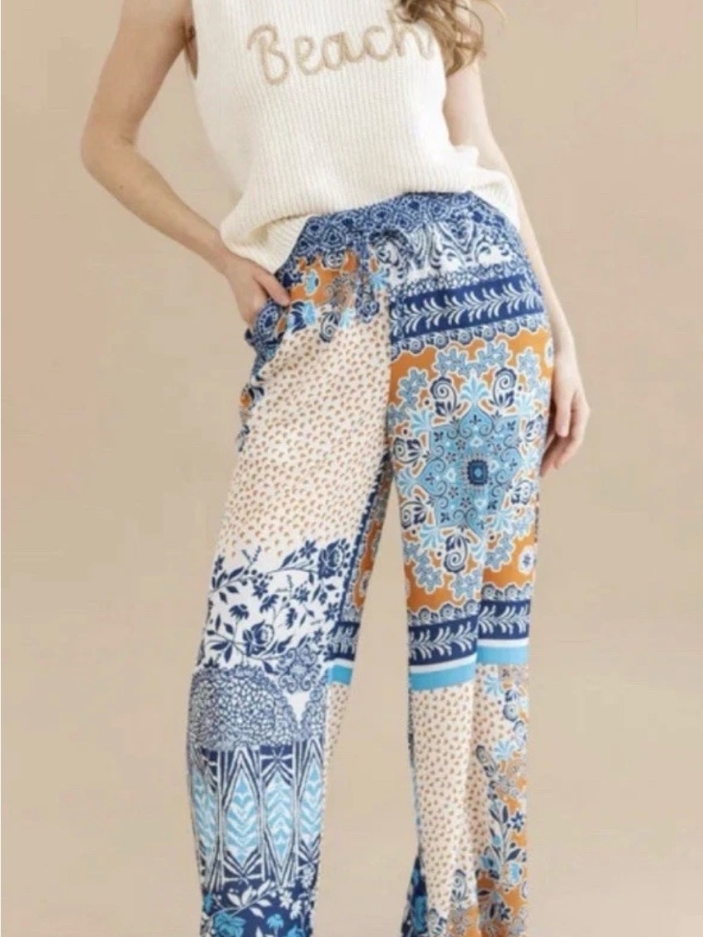 NWOT Anthropologie CURRENT Boho Mixed Patchwork Print Wide-Leg Flowy Pants Sz Sm